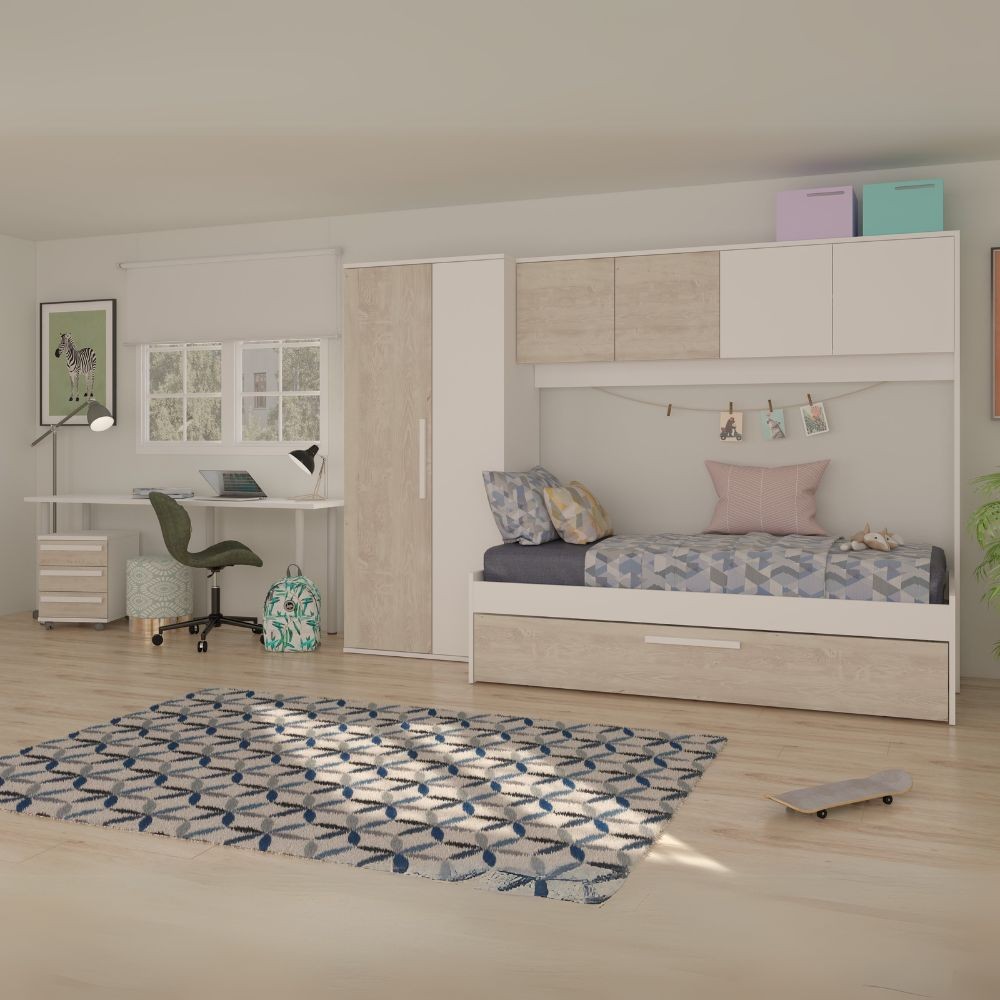 Cameretta a ponte 6006 con letto estraibile e armadio colore bianco consumato e 