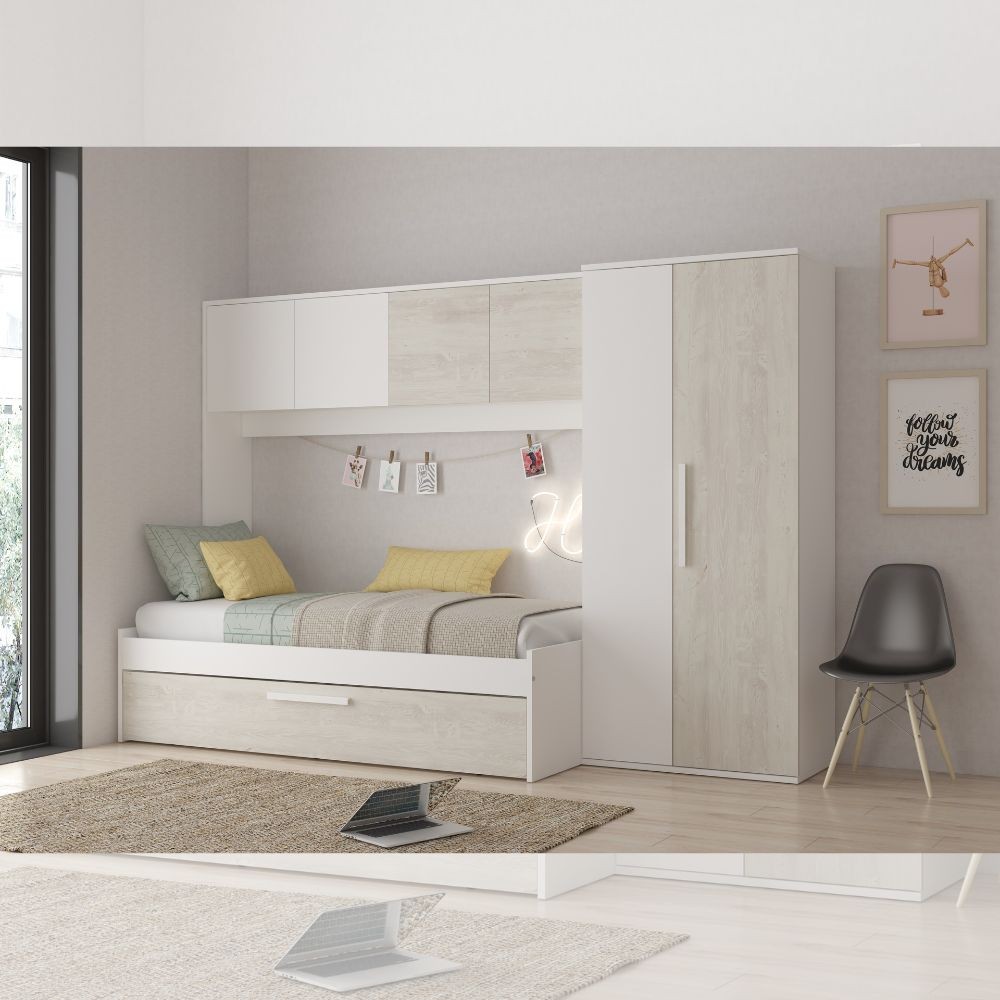 Cameretta a ponte 6006 con letto estraibile e armadio colore bianco consumato e 
