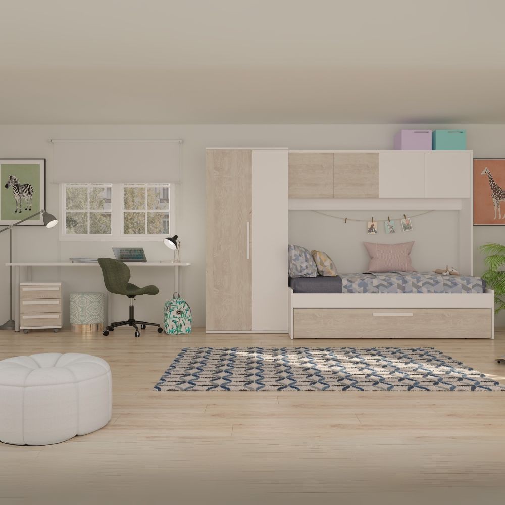 Cameretta a ponte 6006 con letto estraibile e armadio colore bianco consumato e 
