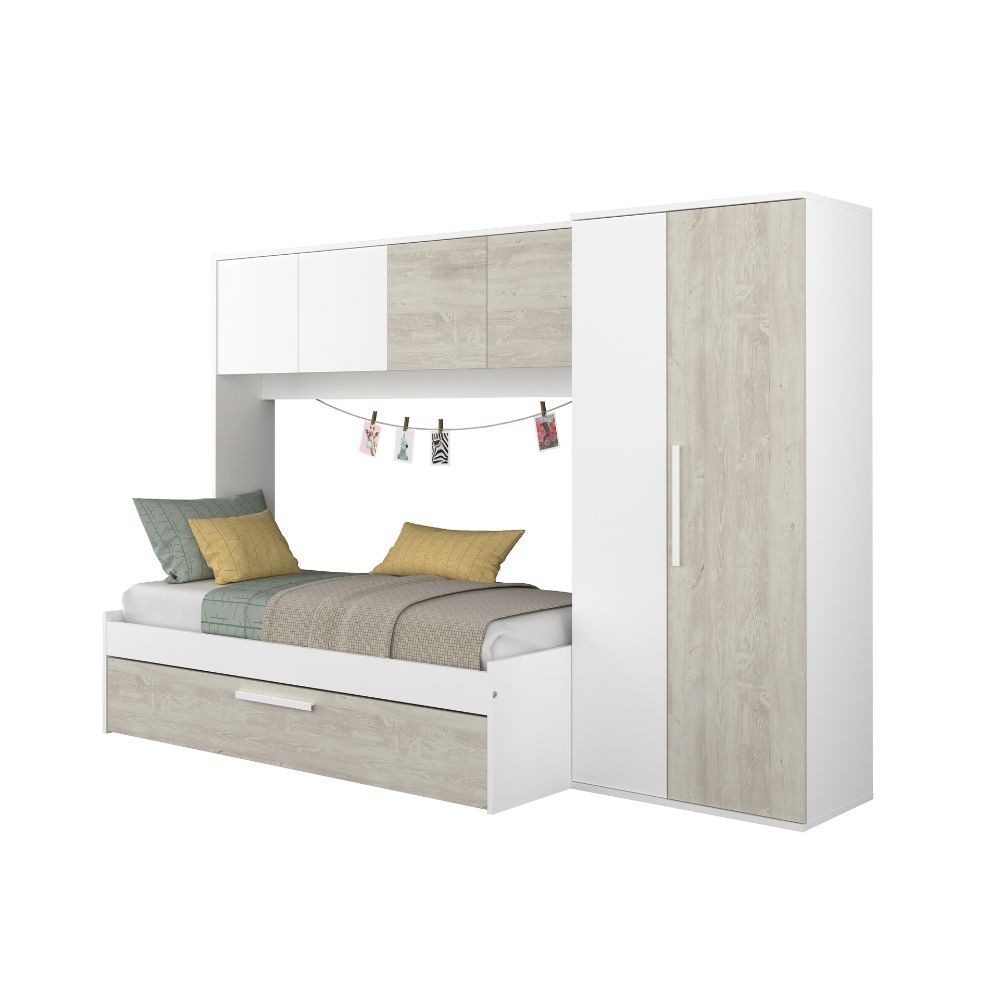 Cameretta a ponte 6006 con letto estraibile e armadio colore bianco consumato e 