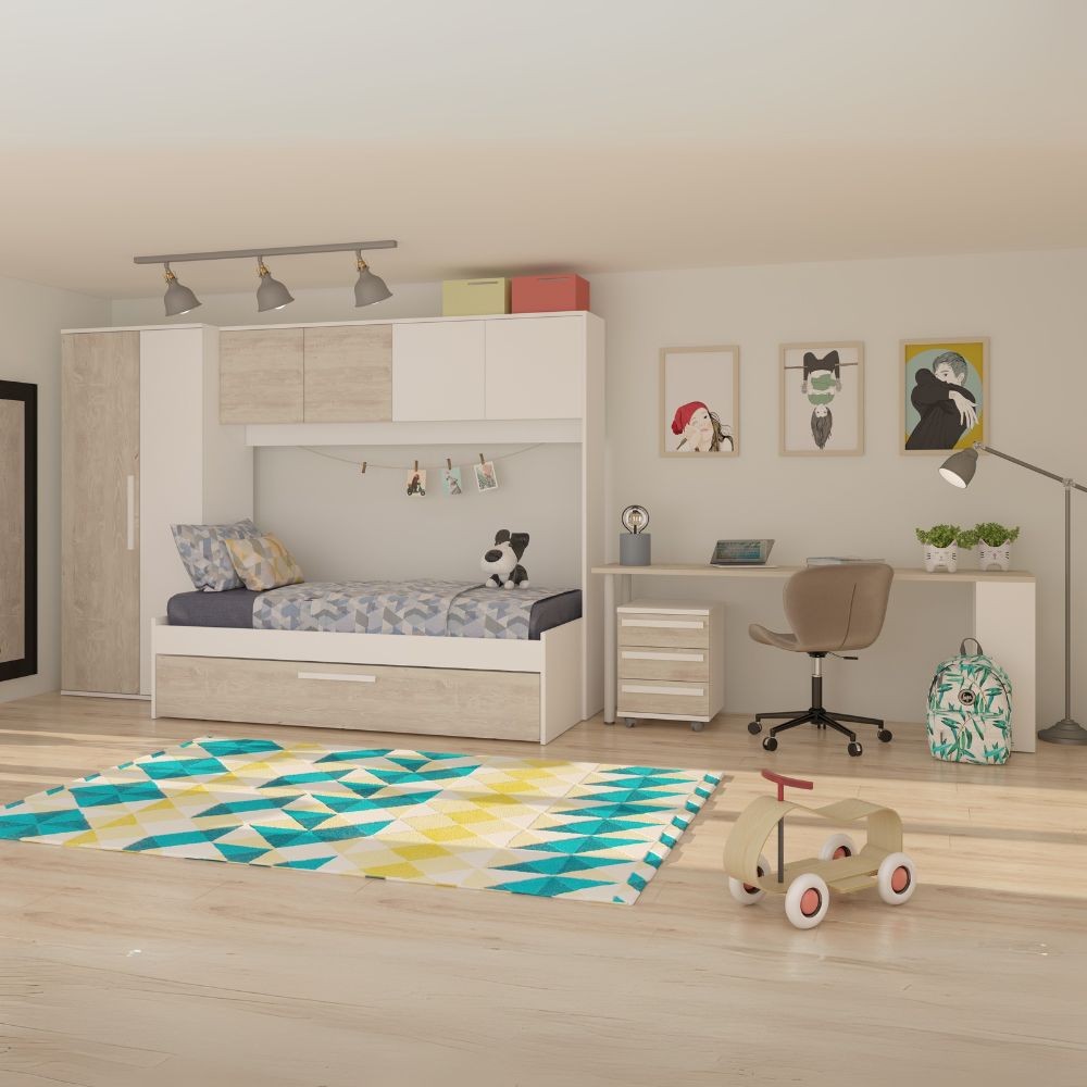 Cameretta a ponte 6006 con letto estraibile e armadio colore bianco consumato e 