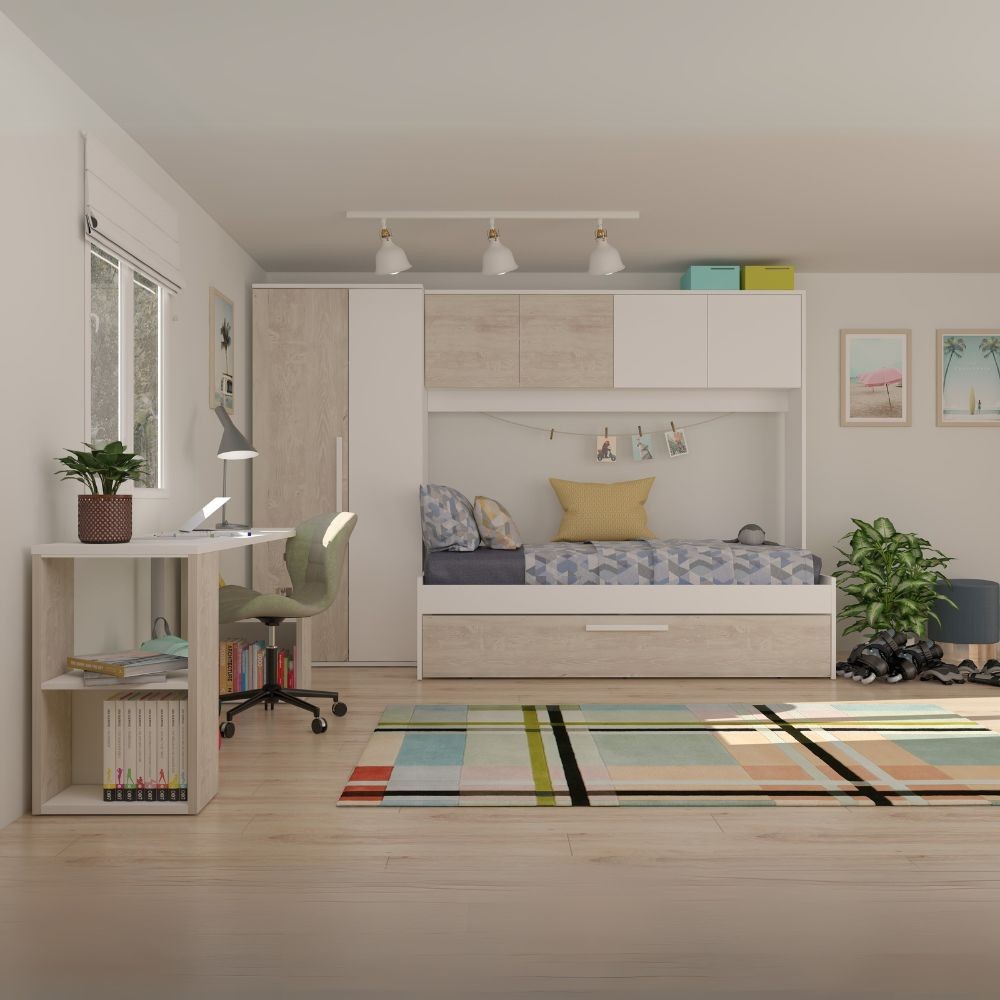 Cameretta a ponte 6006 con letto estraibile e armadio colore bianco consumato e 