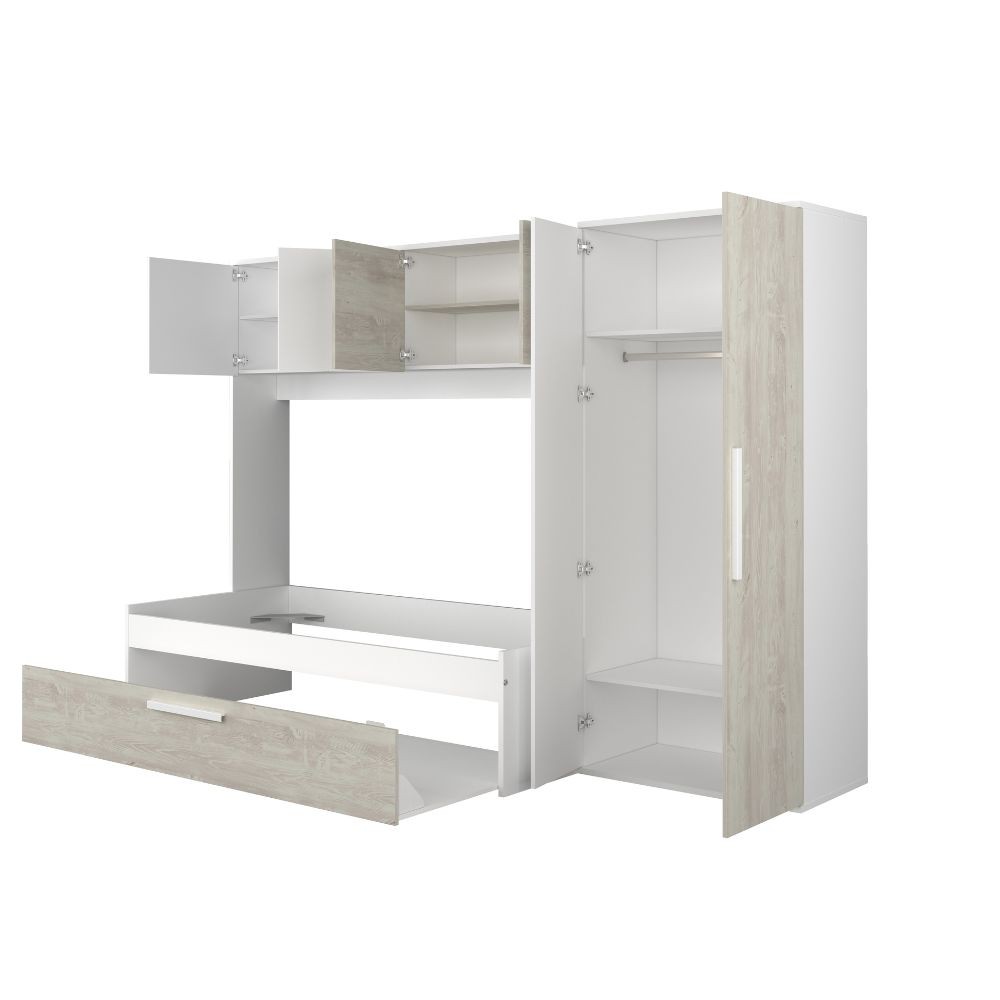 Cameretta a ponte 6006 con letto estraibile e armadio colore bianco consumato e 