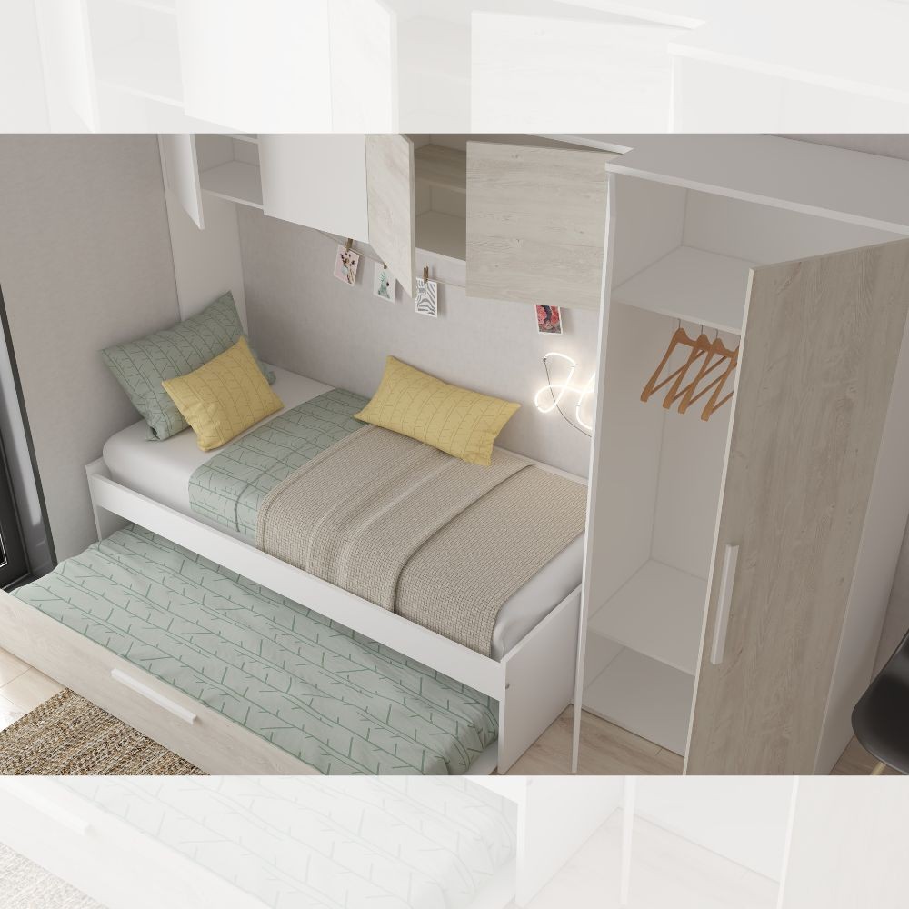 Cameretta a ponte 6006 con letto estraibile e armadio colore bianco consumato e 