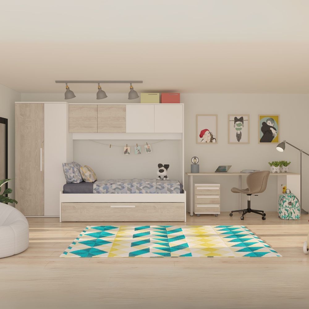 Cameretta a ponte 6006 con letto estraibile e armadio colore bianco consumato e 